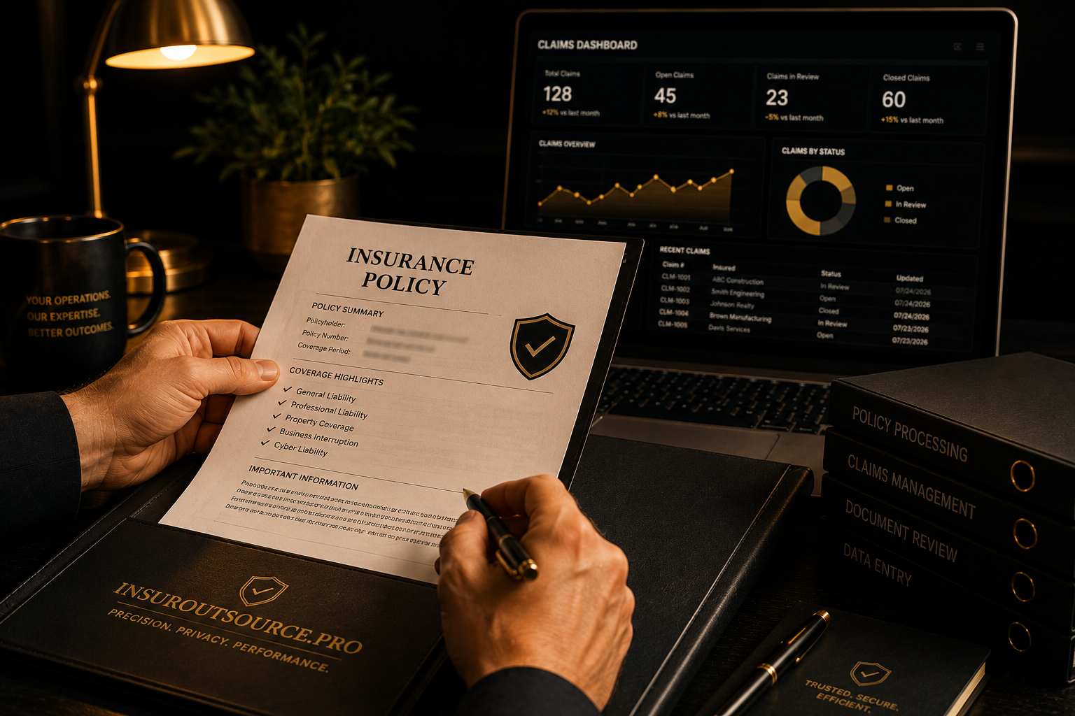 Insurance policy document being reviewed with a claims dashboard on a laptop in the background